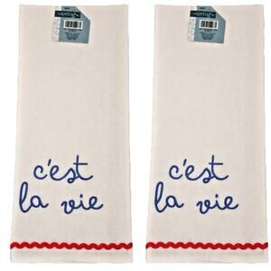 Lot Of Two white tea towel c'est la vie embroidered with ric rac 18" x 28"